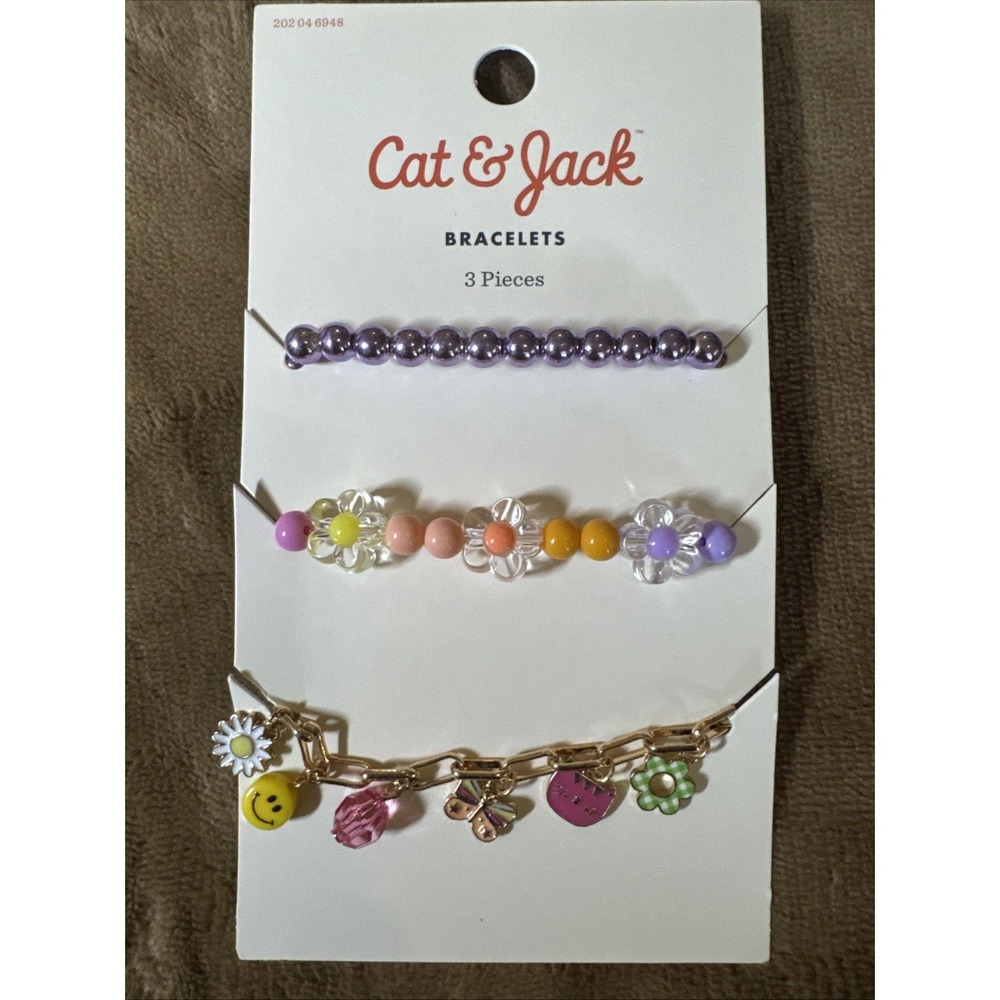 Cat And Jack 3 piece Bracelets Set Beaded Charm Flower‎